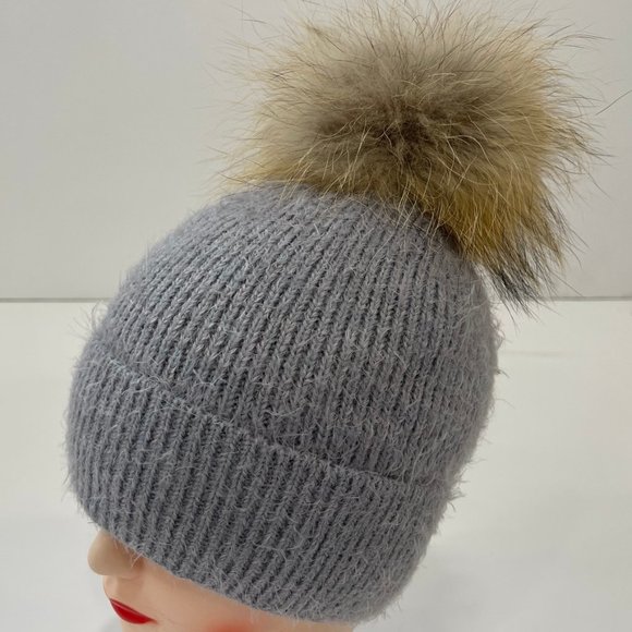 - Knit Beanie Hat with Real Fox Fur Pom - Picture 1 of 2